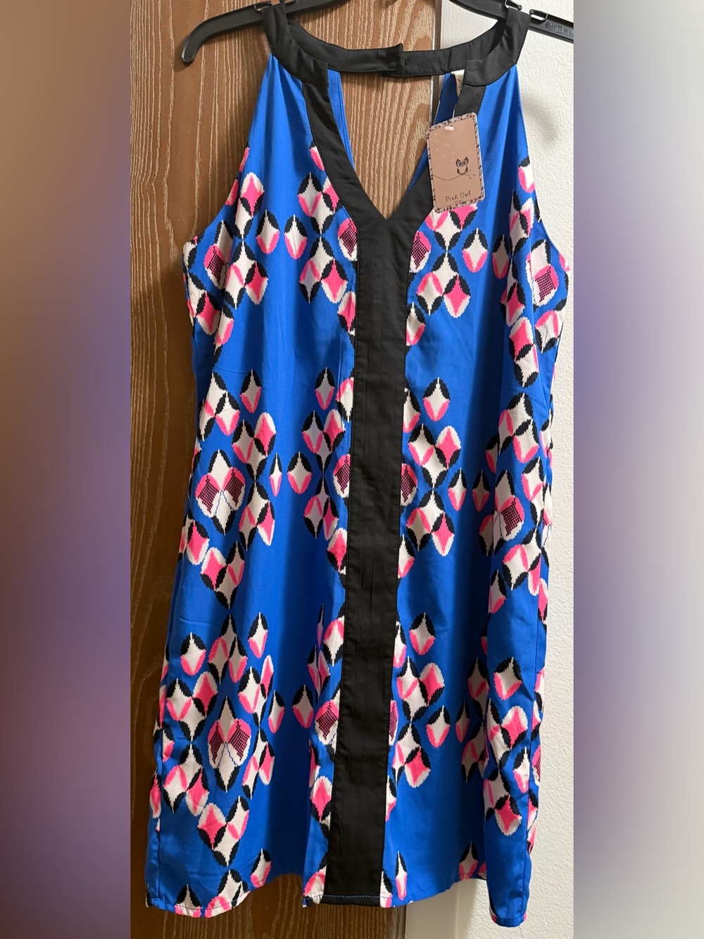 Pink Owl Blue Dress with Pink, White & Black Geometric Print
